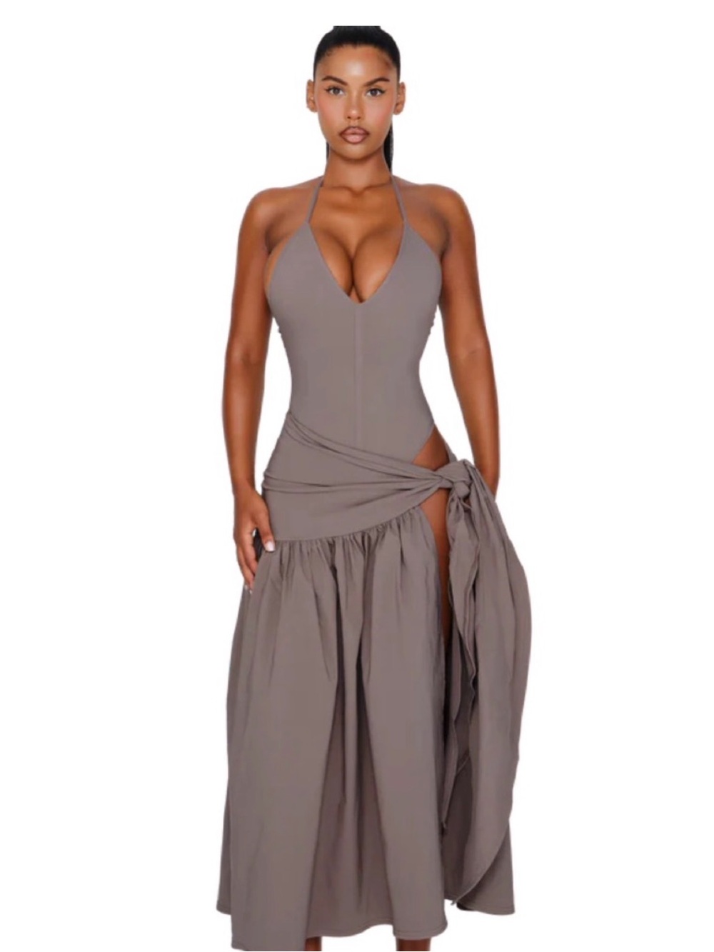 Coucoo Taupe Halter Maxi Dress with Side Tie